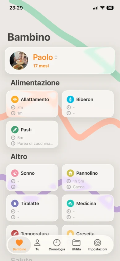 Tracciamento neonato — allattamento, sonno, pannolini e crescita