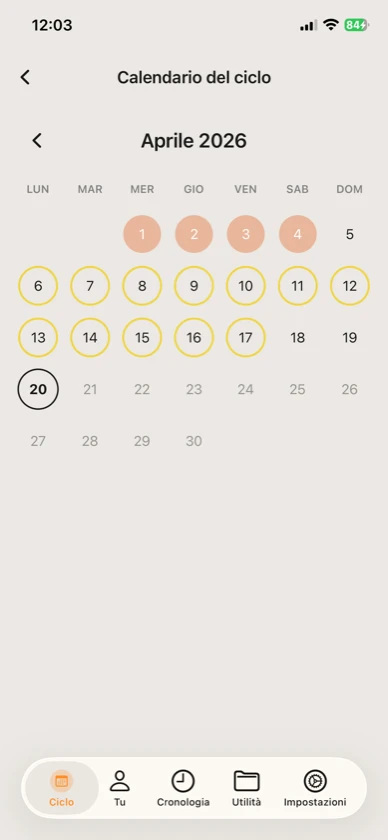 Ribbon Care: calendario del ciclo con finestra fertile evidenziata