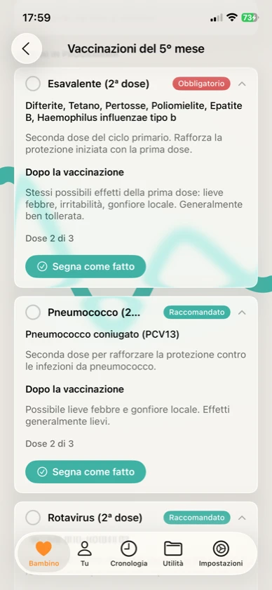 Ribbon Care — dettaglio vaccini con obbligatori e raccomandati