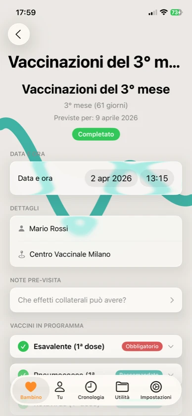 Ribbon Care — vaccinazioni completate con data, luogo e note